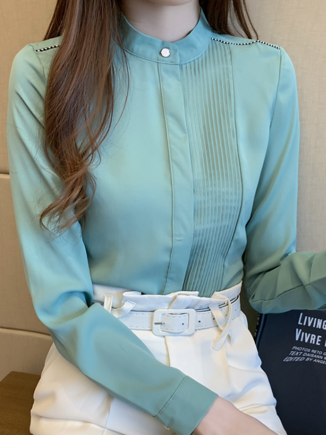 Vit Blus Dam Minimalistisk Chiffon Lång Ärmar-4