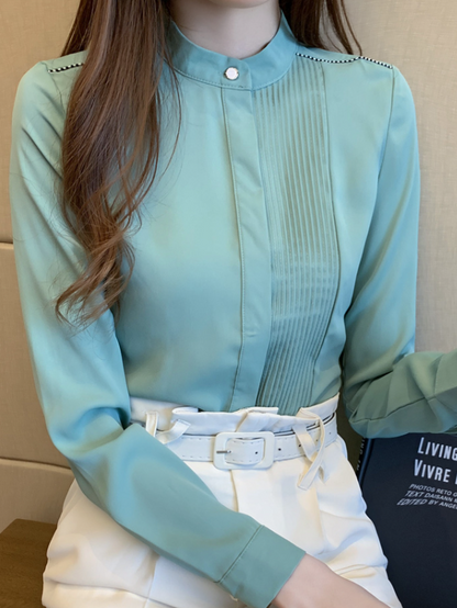 Vit Blus Dam Minimalistisk Chiffon Lång Ärmar-4