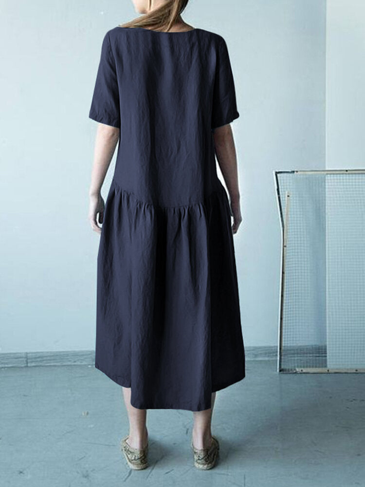 Kvinnors Midi Klänning Rund Hals Bomull 100%-6