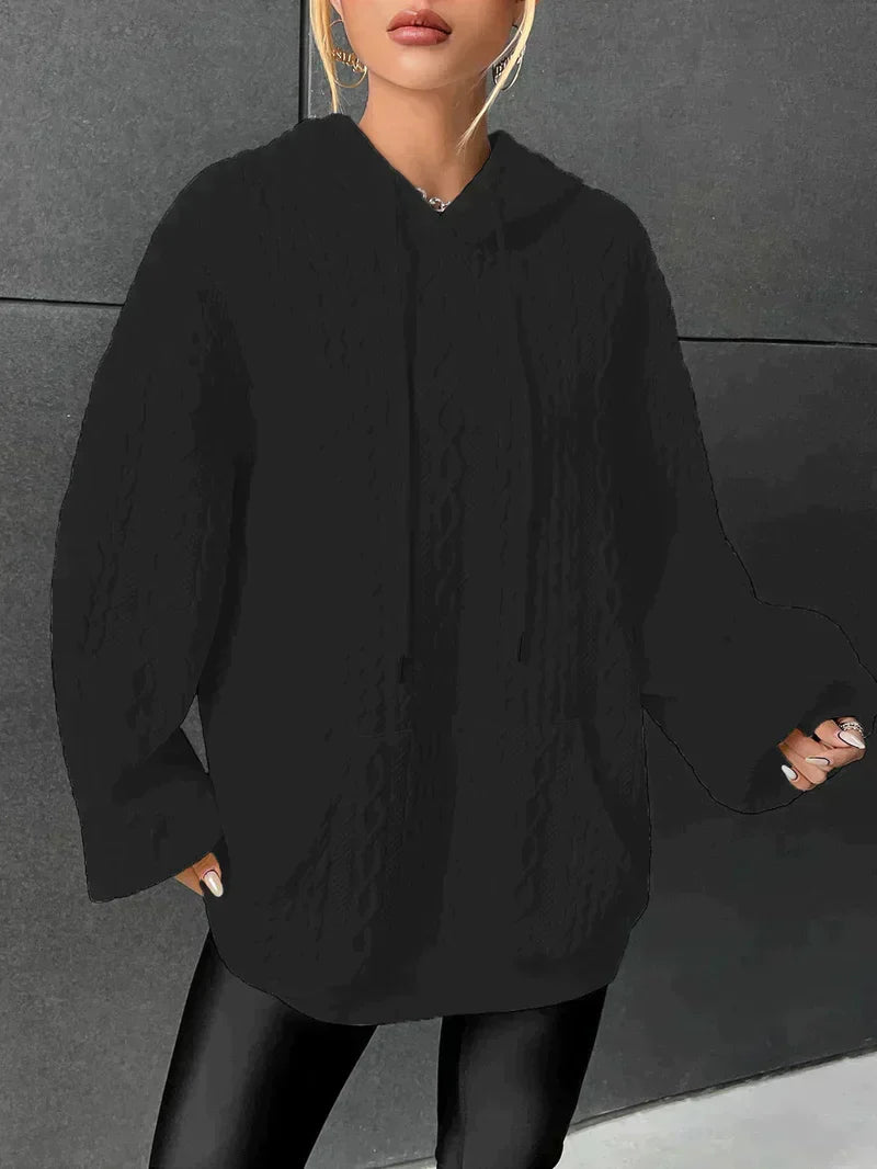 Dam Hoodie Överdimensionerad Kabelmönster 100% Bomull-4
