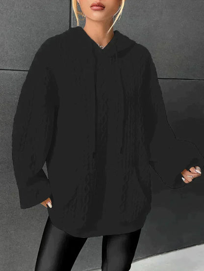 Dam Hoodie Överdimensionerad Kabelmönster 100% Bomull-4