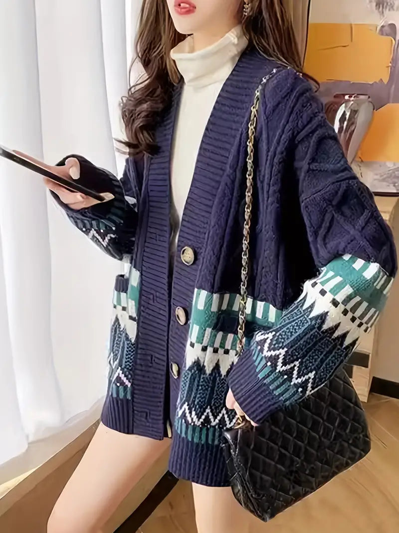 Damjacka Geometrisk Design Knappstängning Andningsbart Material-1