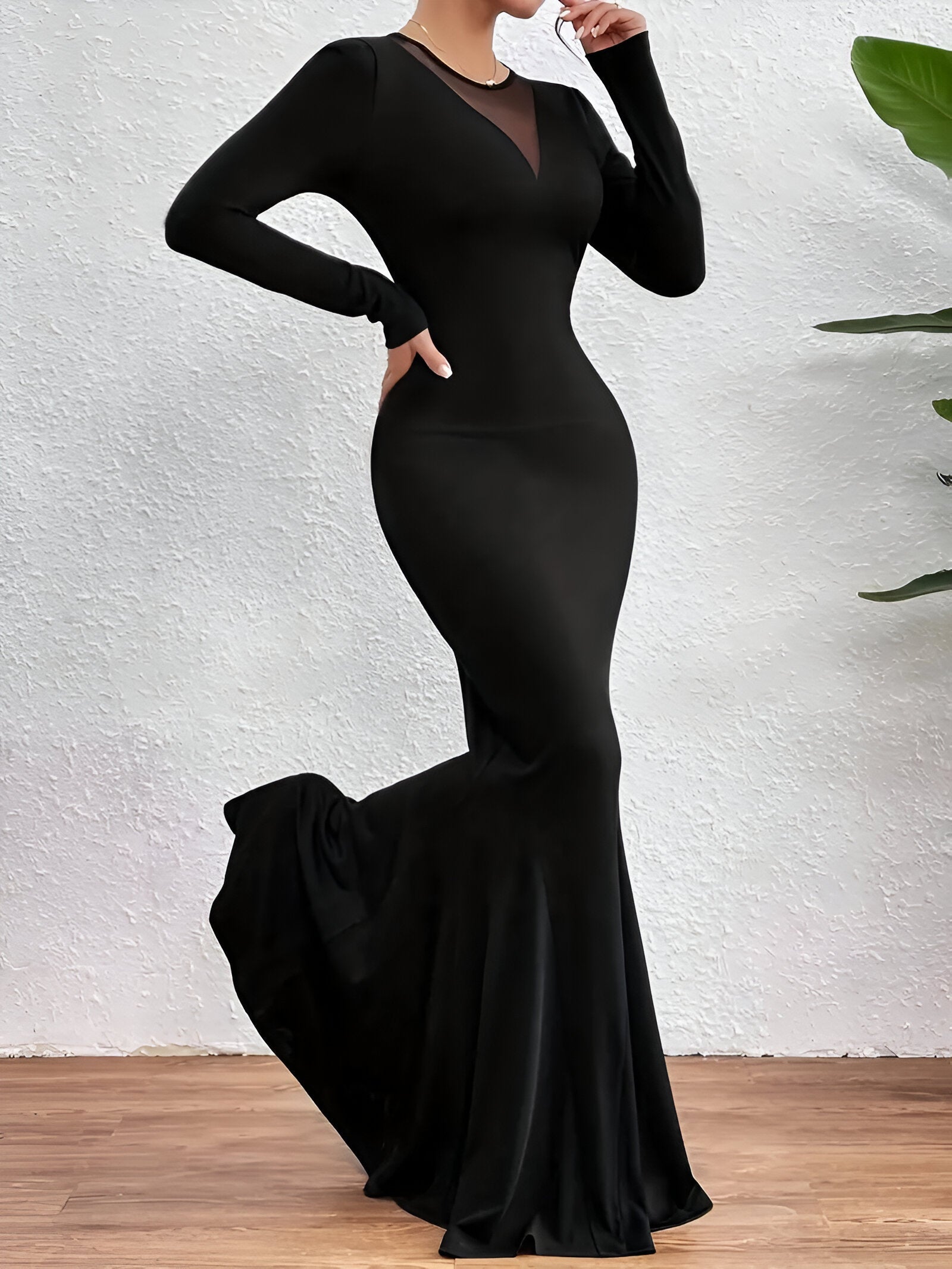 Maxiklänning Dam Långärmad Sjöjungfruskärning Polyester Elegant Golvlängd-3