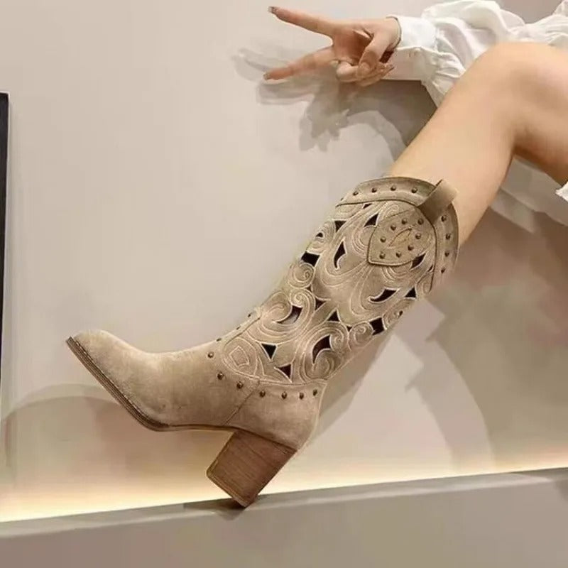 Dam Cowboystövlar Tryckt Läder Slät-2