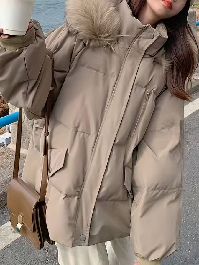 Lång Vinterrock Dam Överdimensionerad med Pälskrage Polyester 2