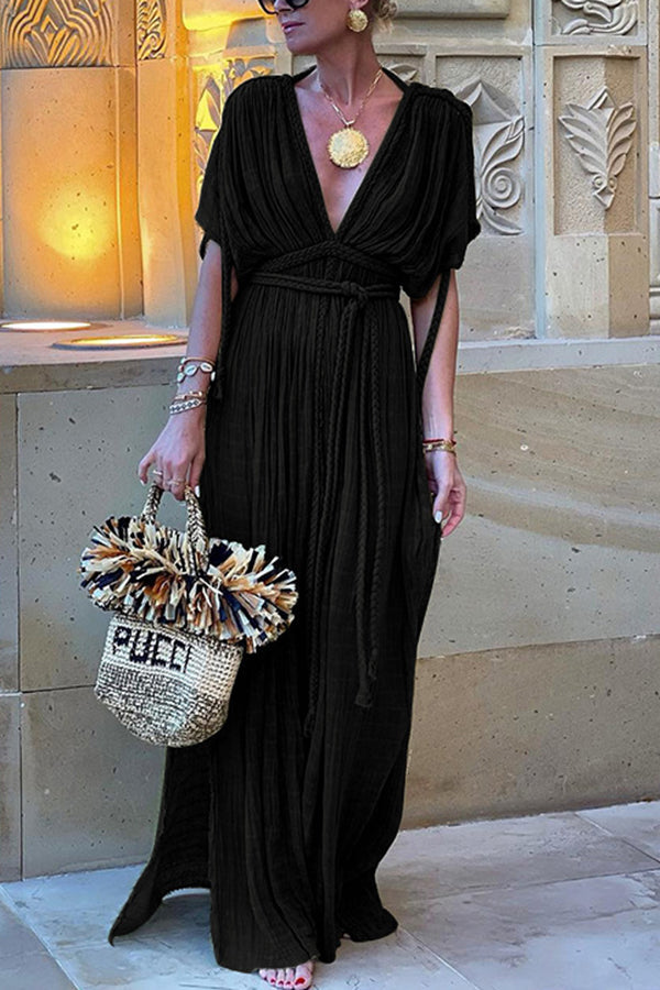 Dam Maxiklänning Grekisk Stil Flätad Linneblandning-6