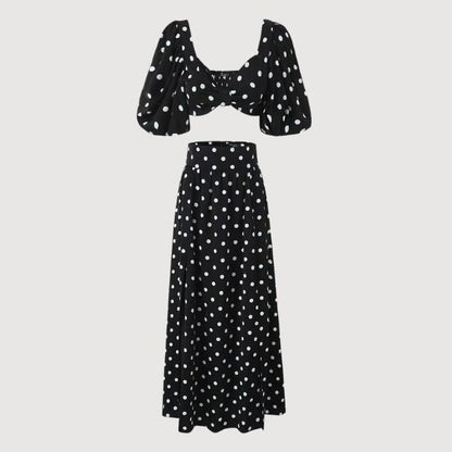 Dam Tvådelad Set Puffärmar Maxikjol Polyester Sommarkläder-4