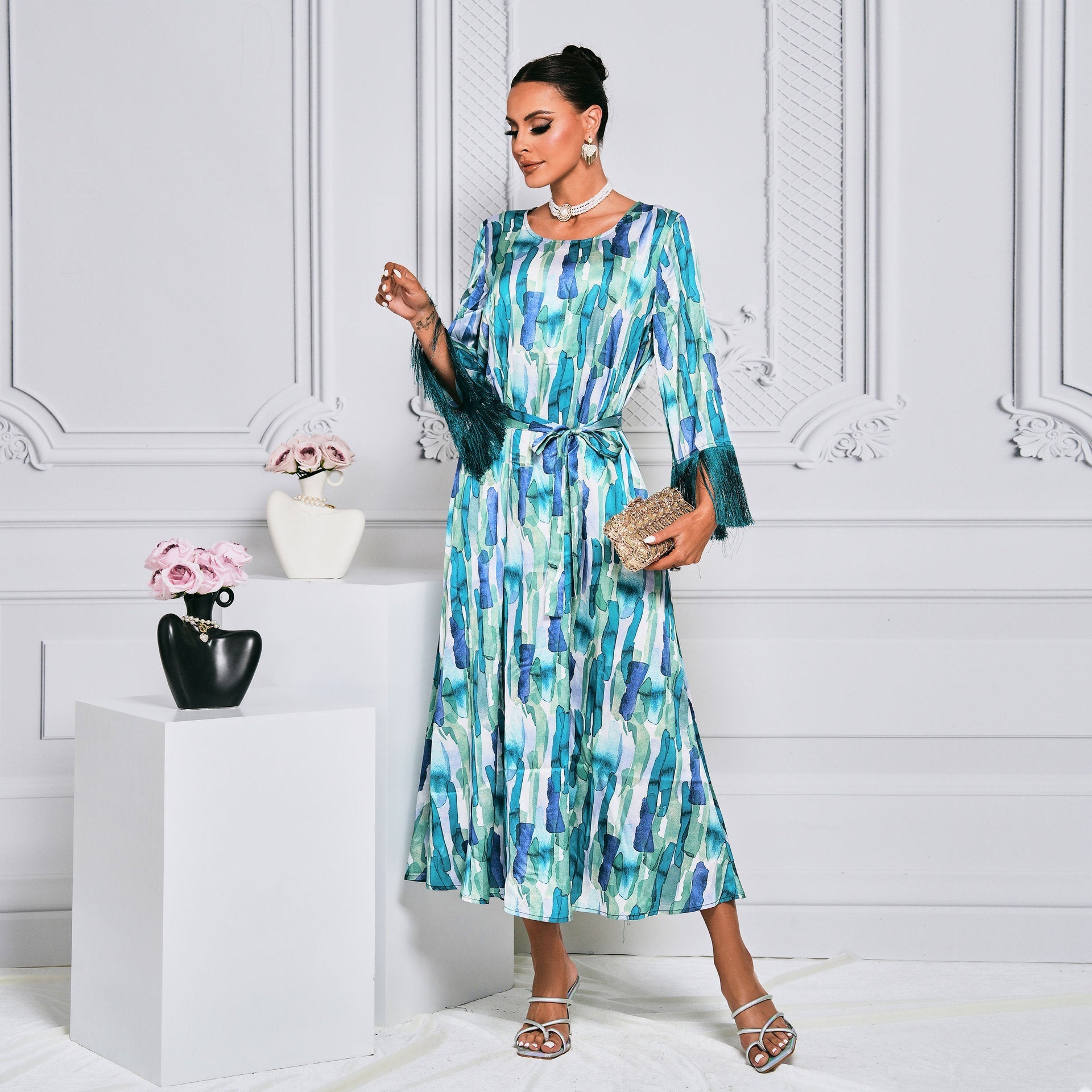 Dam Maxiklänning Mönstrad Polyester med Bredd Midjeband 4