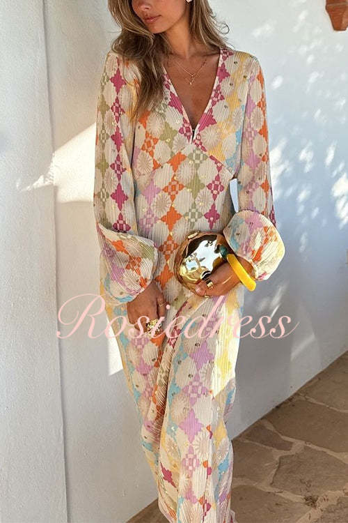 Dam Maxiklänning V-ringning Lykta Ärmar Geometrisk Design Bomull Polyester-2