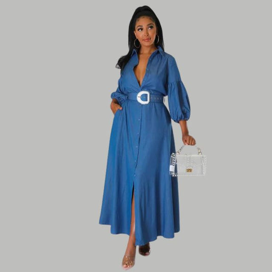 Dam Midi Klänning med Knapp och Fickor, Elegant Bälte och Spetsig Krage, Polyester-1