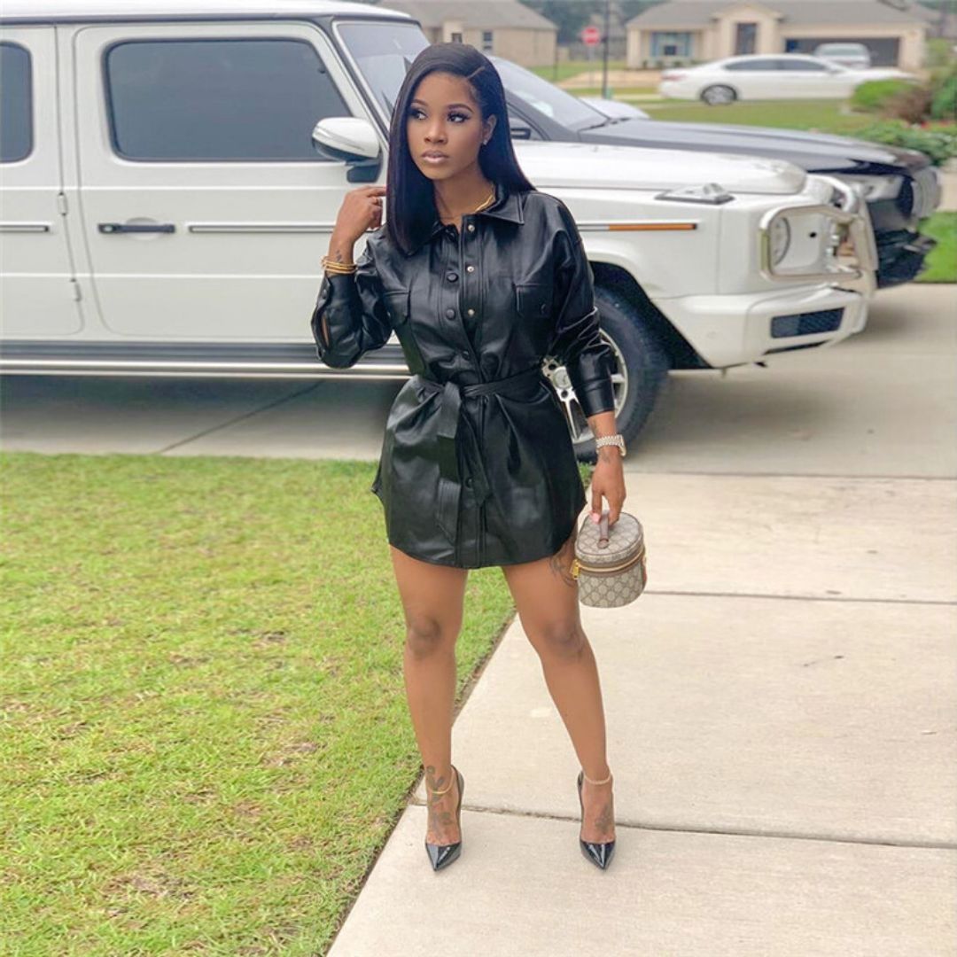 Variant image for Dam Skjortklänning Syntetiskt Läder med Bälte Elegant Design-1