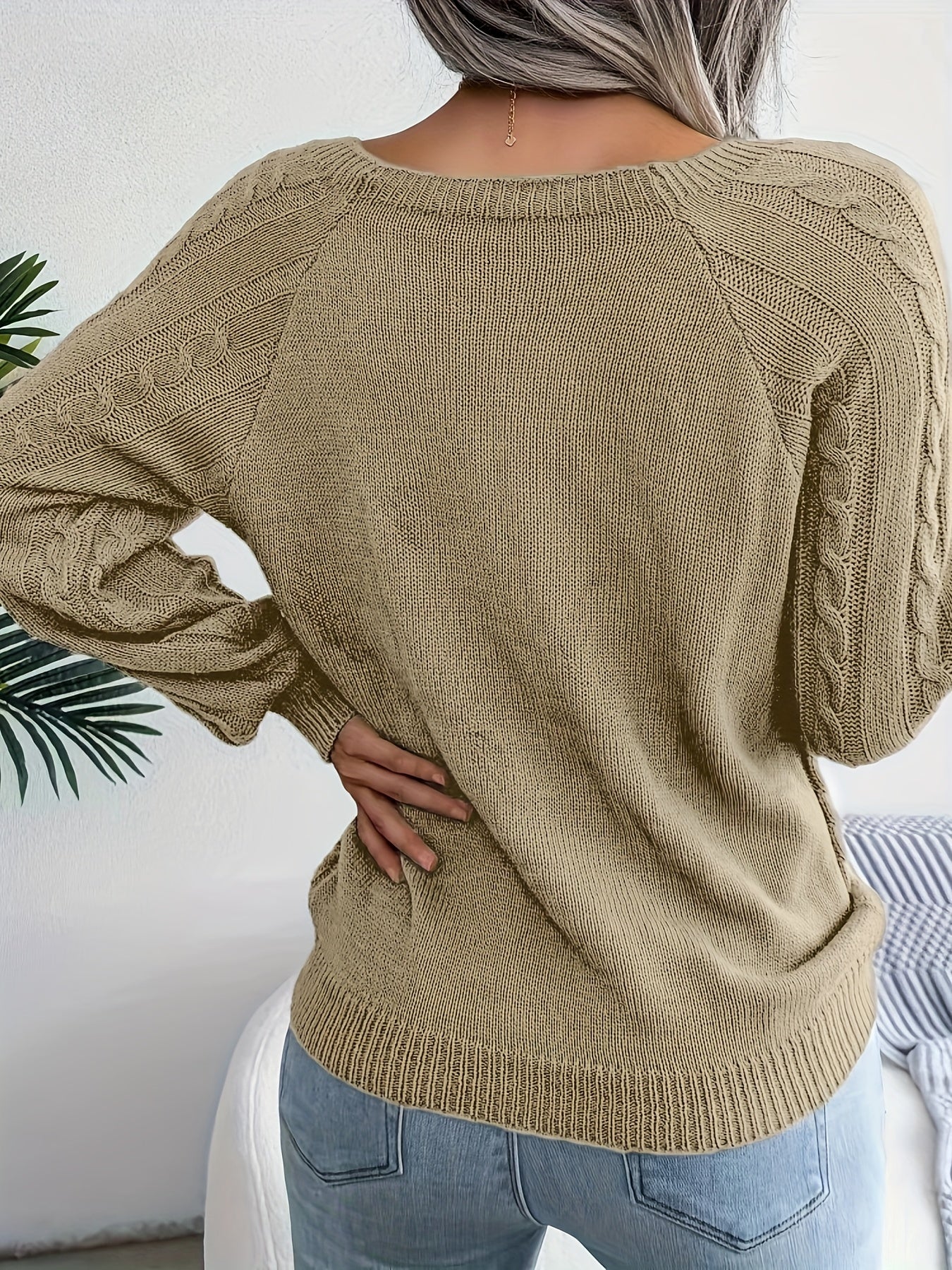 Stickad Dam Tröja Rund Halsringning Kabelstickad Mjuk Akrylblandning-6