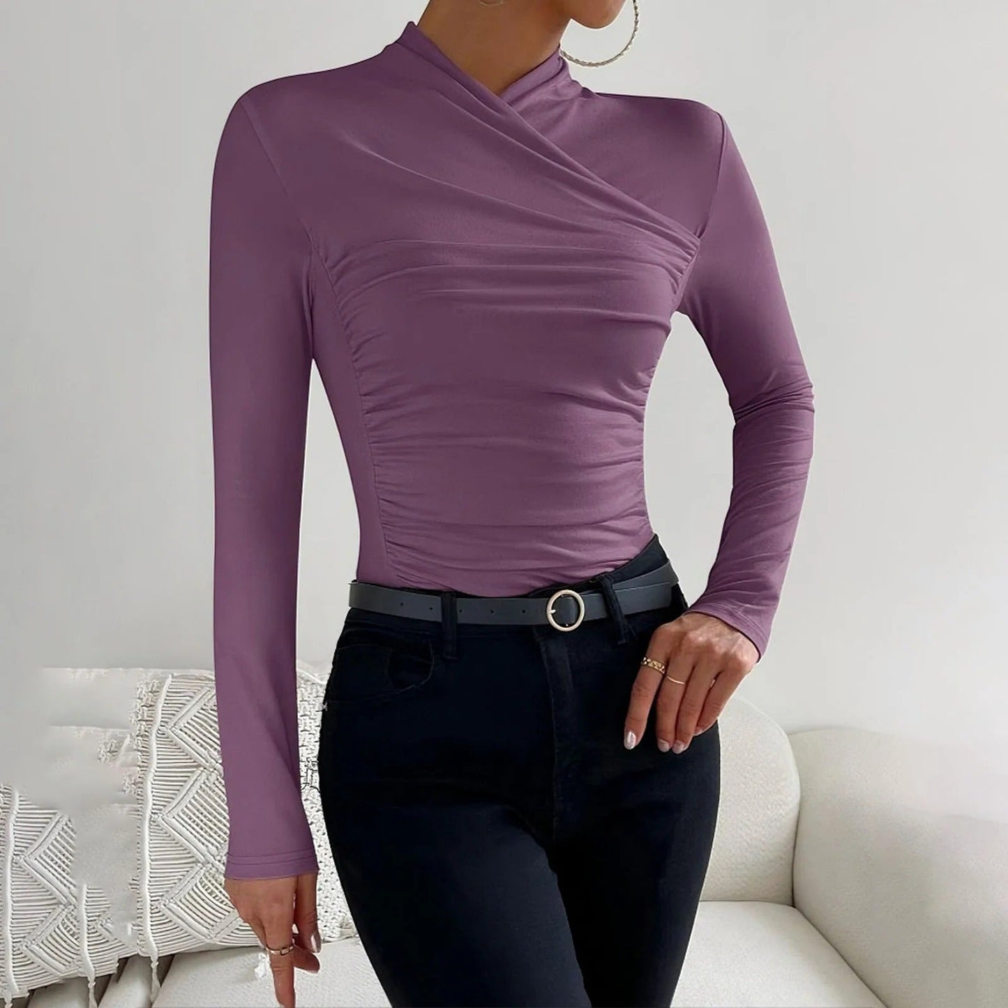 Variant image for Kvinnor Wrap Blus Långa Ärmar Mjuk Tyg-9