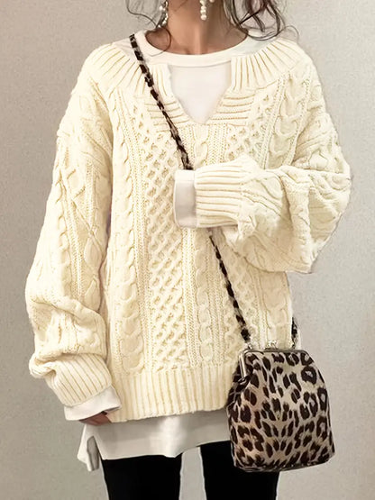 Stickad Dam Tröja V-ringad Kabelmönster Mjuk Akrylblandning-3