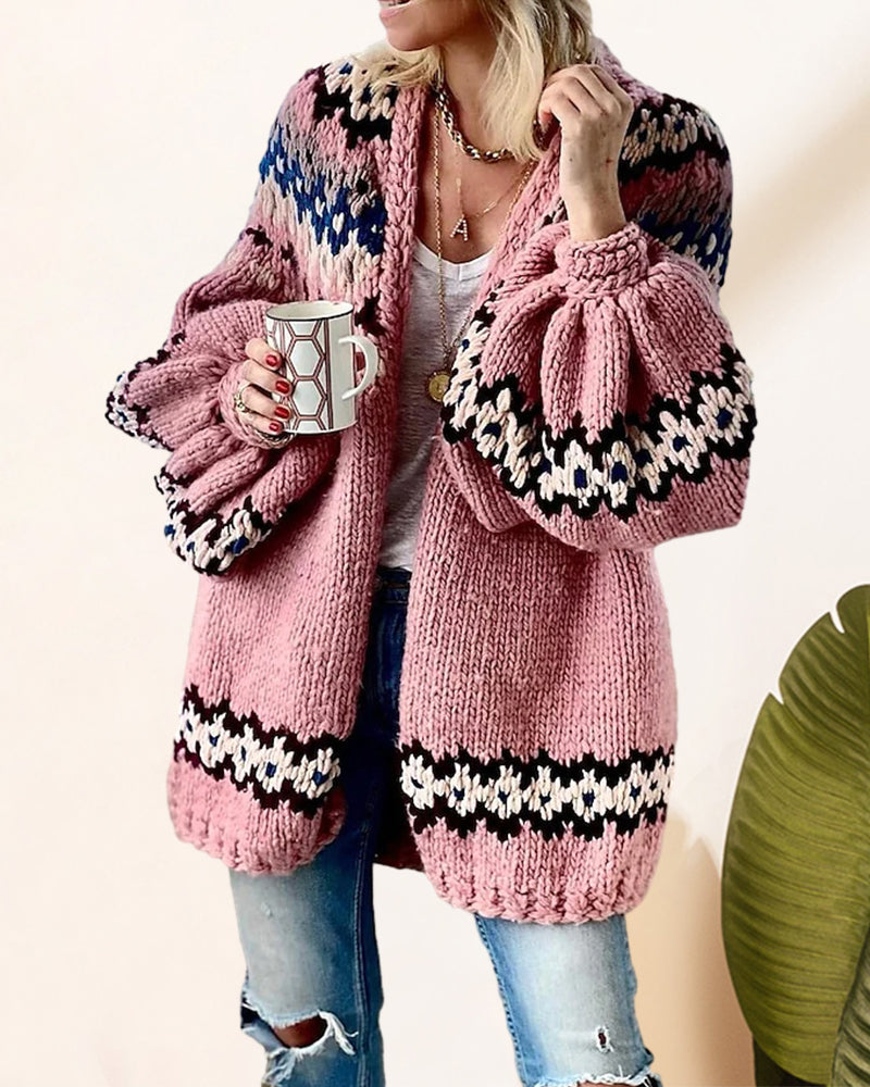 Kvinna Lång Kofta Cardigan med Lykta Ärmar Akryl Polyester 2