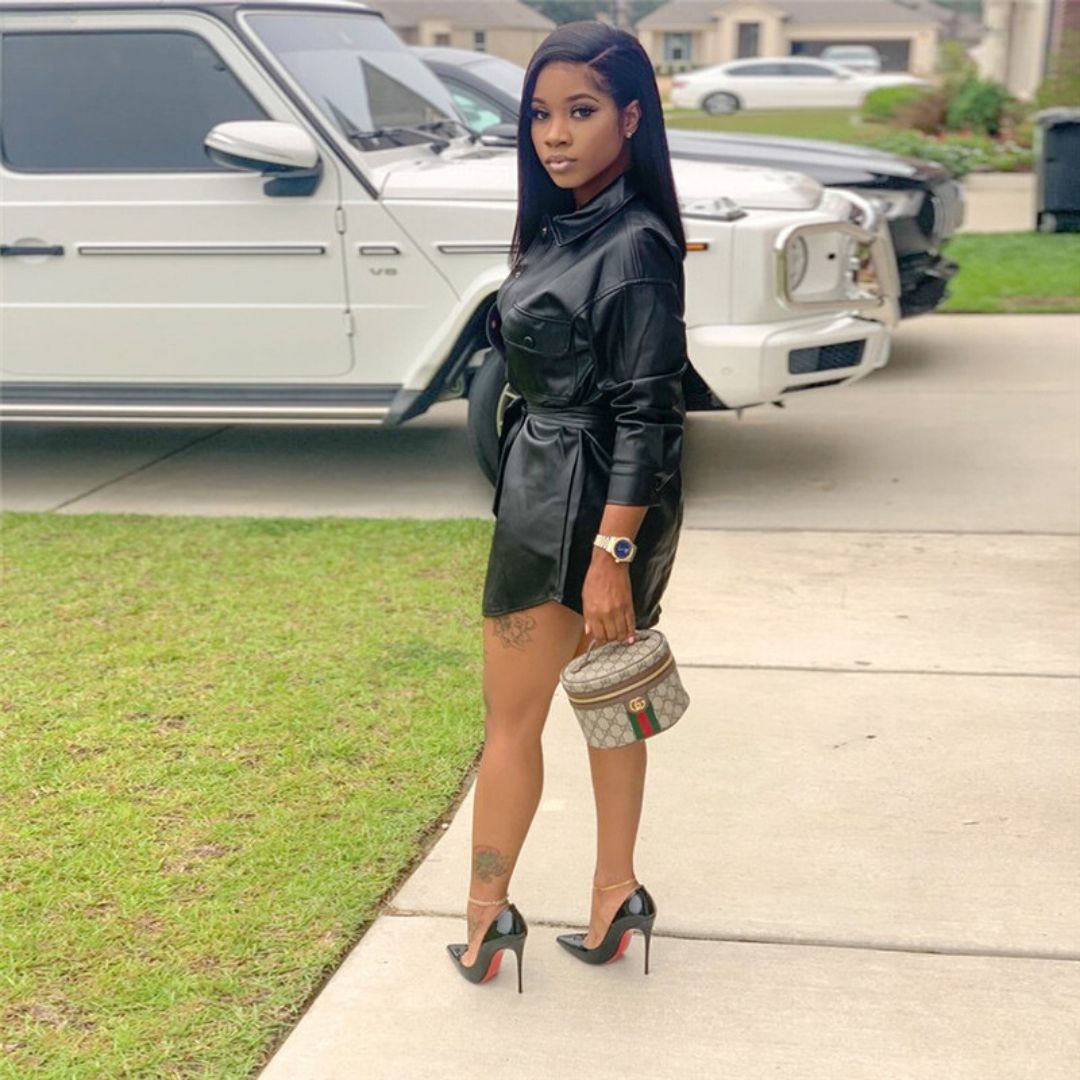 Dam Skjortklänning Syntetiskt Läder med Bälte Elegant Design-2