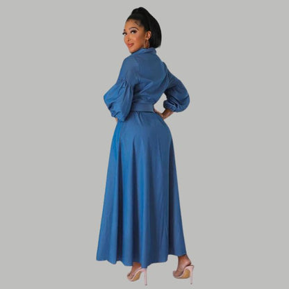 Dam Midi Klänning med Knapp och Fickor, Elegant Bälte och Spetsig Krage, Polyester-2