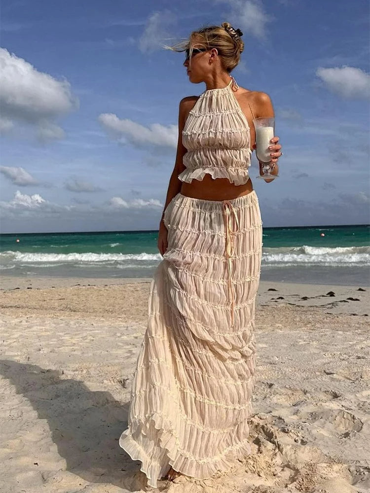 Dam Chiffong Halterneck Topp och Kjol Set med Rüsch Detaljer för Sommarkläder 4