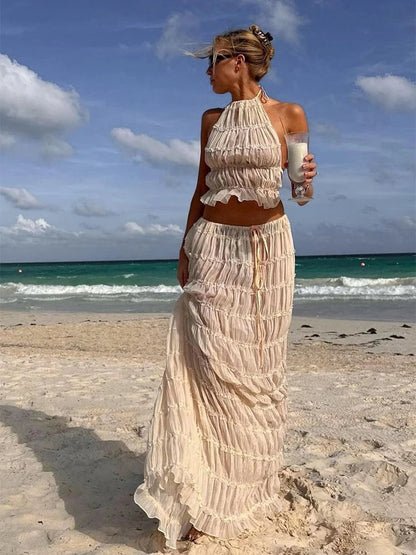 Dam Chiffong Halterneck Topp och Kjol Set med Rüsch Detaljer för Sommarkläder 4