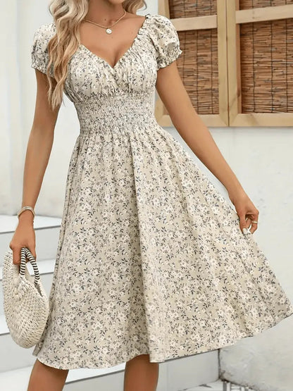 Dam Blommig Klänning V-ringning Rufsad Midja Polyester-4