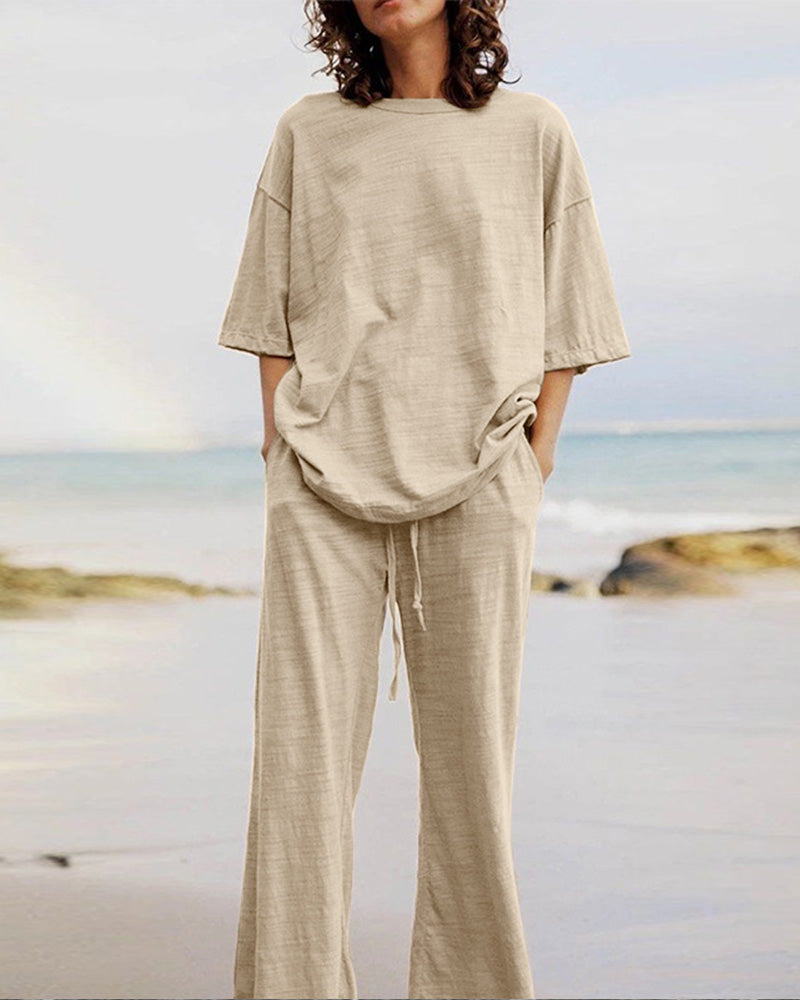 Kvinnors Tvådelad Uppsättning Trendig Urban Look Bomull Linne-6