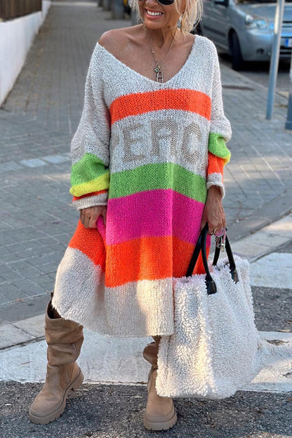 Dam Klänning Midi V-ringning Randig Bomull Polyester-2