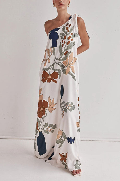 Dam Maxiklänning Asymmetrisk Blommönster Bomull Polyester Sommar-3