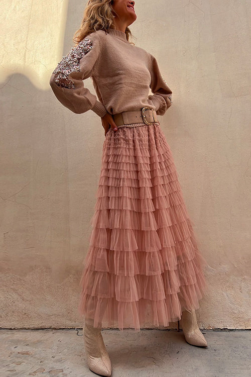 Maxikjol Dam Rynkad Tyll med Flerskiktad Design-2