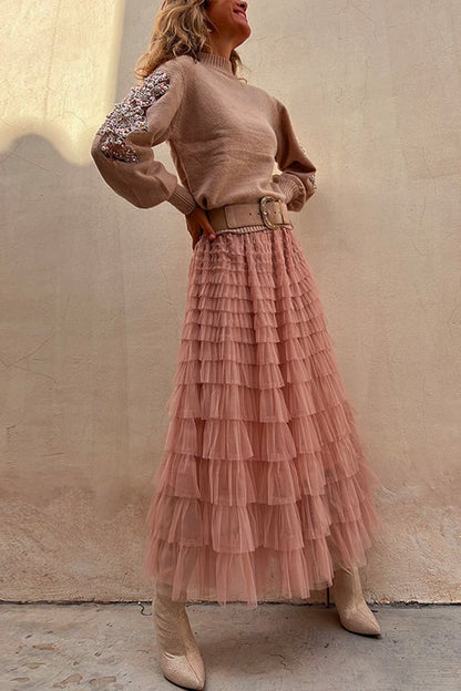 Maxikjol Dam Rynkad Tyll med Flerskiktad Design-2