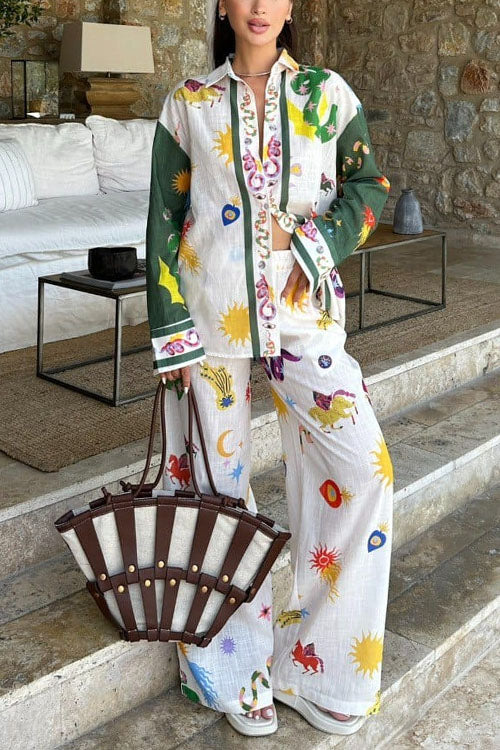 Dam Blus Set med Tryck och Lösa Byxor i Bomull och Polyester-2