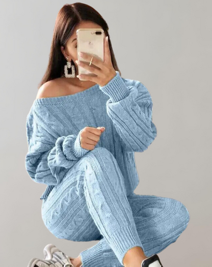 Variant image for Dam Set Stickad Tröja och Bredbyxor Mjuk Akrylblandning-1