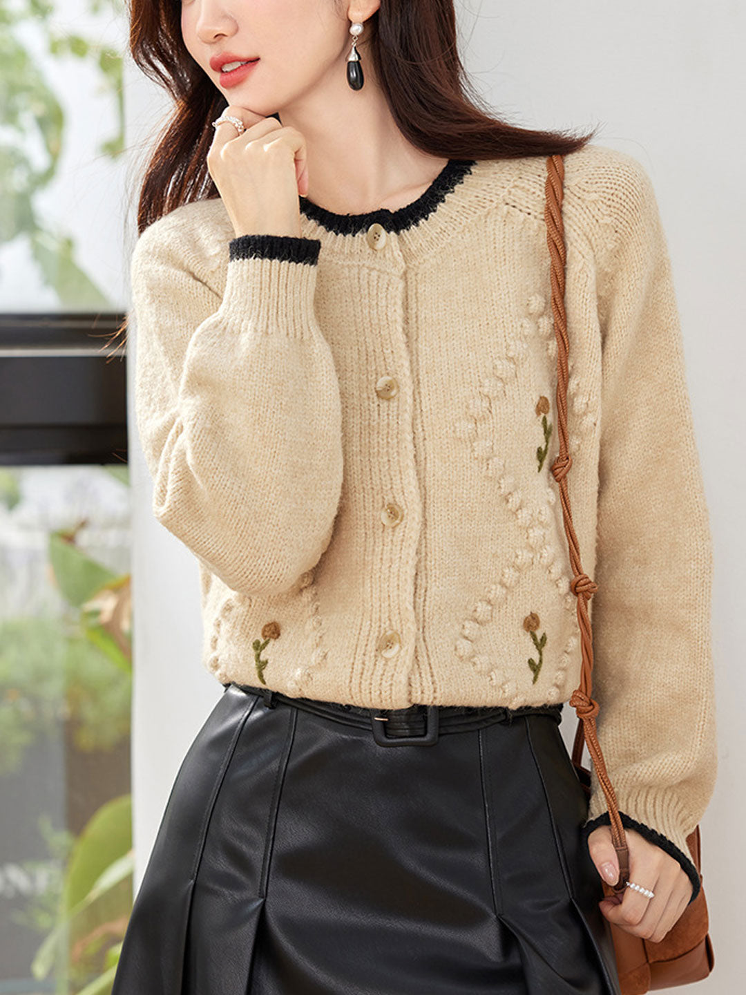 Dam Cardigan Blommabroderi Mjukt Material-5