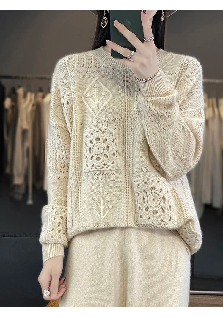 Stickad Dam Tröja Klassisk Stilh i 100% Kashmir-3