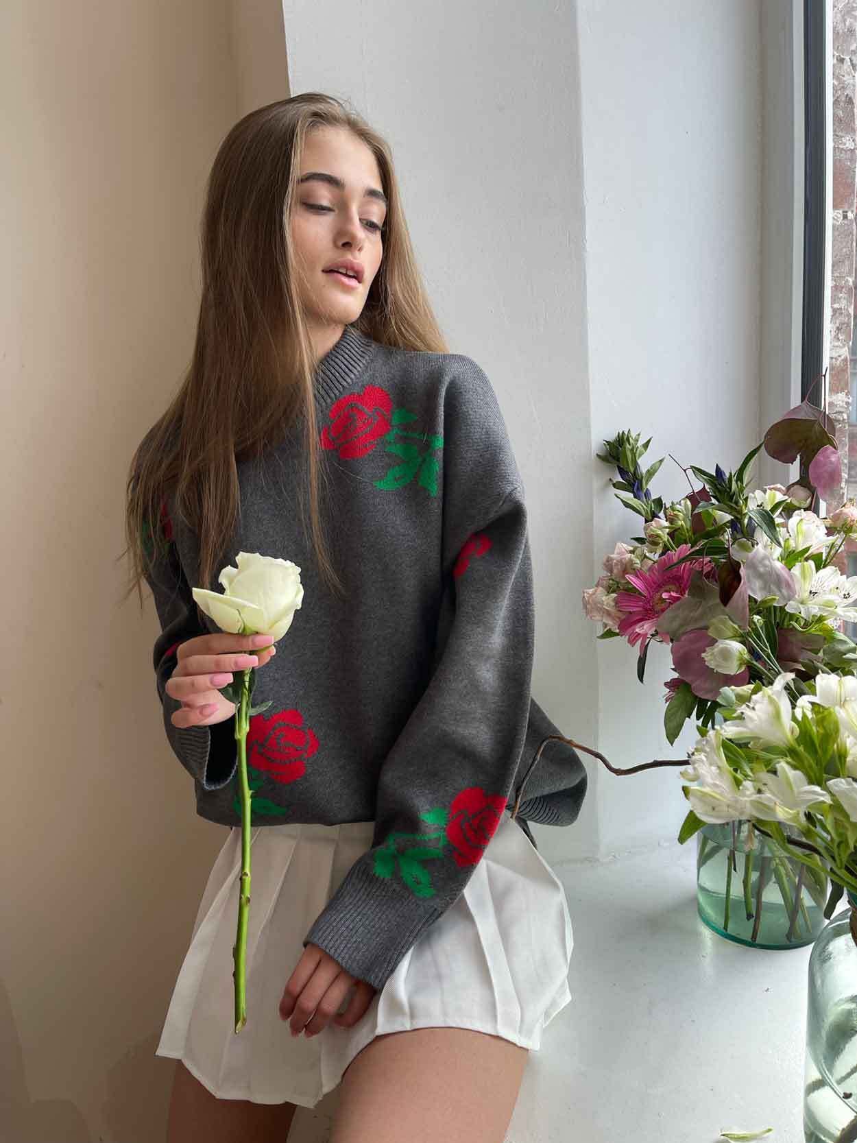 Variant image for Stickad Dam Tröja Cirkulär Rosdesign Vinter Mjuk och Bekväm-2