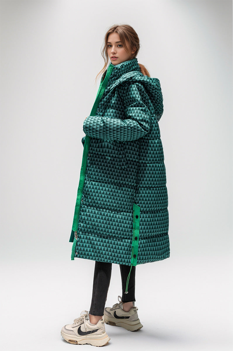 Dam Rutig Bomullsrock Med Huva Quiltad Över Knälängd-3