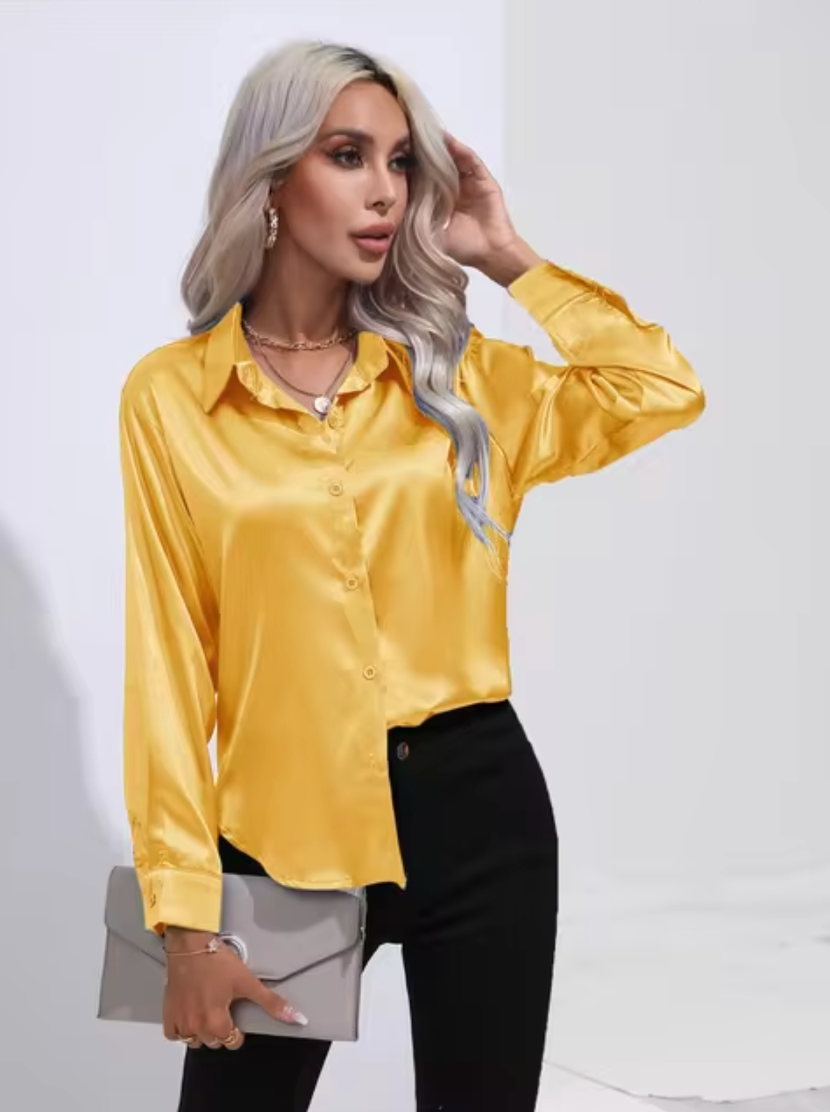 Variant image for Dam Blus Långärmad Satin Elegant V-Ringning-36