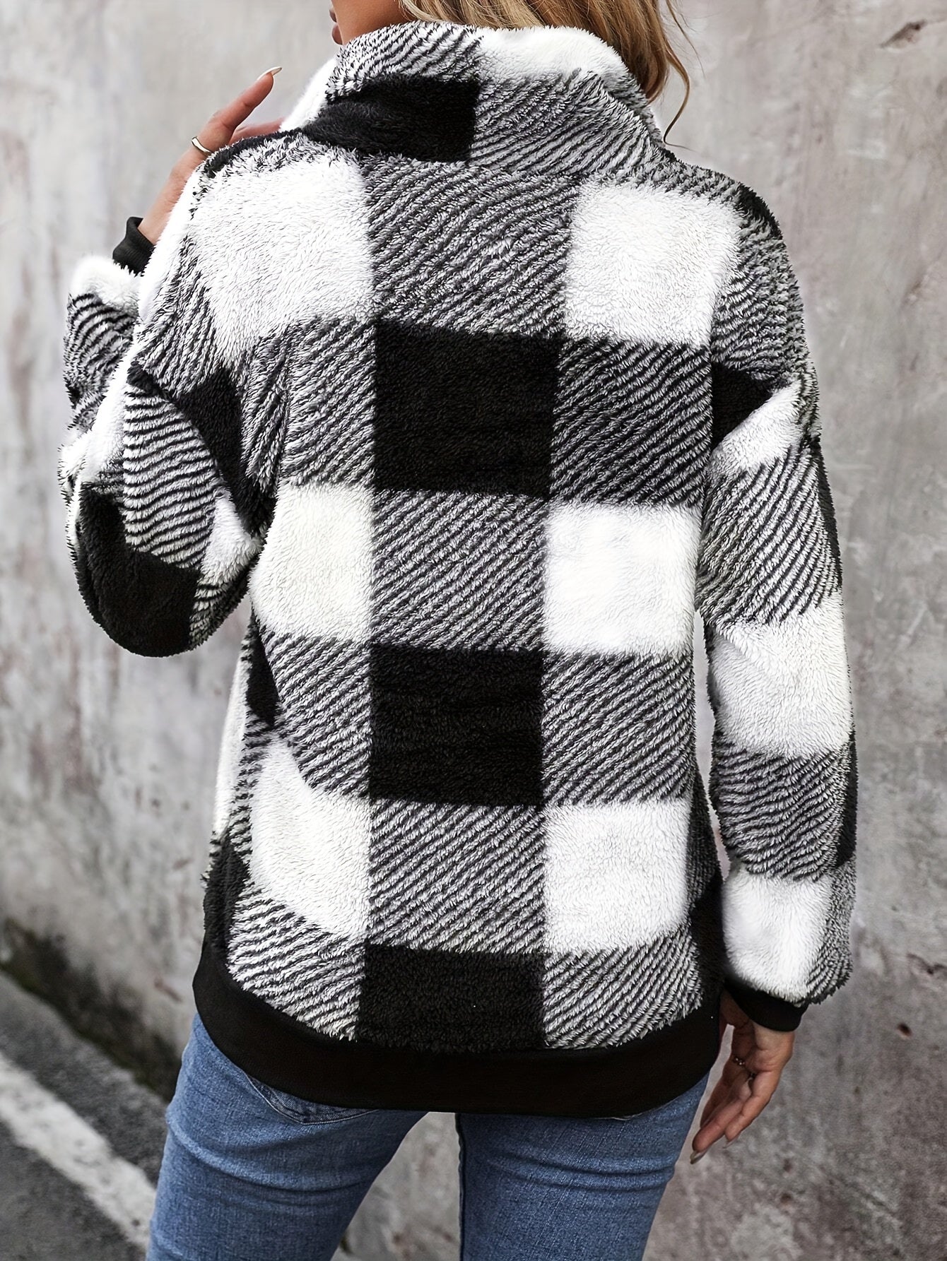 Dam Tröja Halv Dragkedja Rutig Polyesterblandning-5