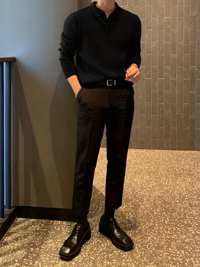 Herr Polo Skjorta Långärmad Avslappnad 100% Bomull-3