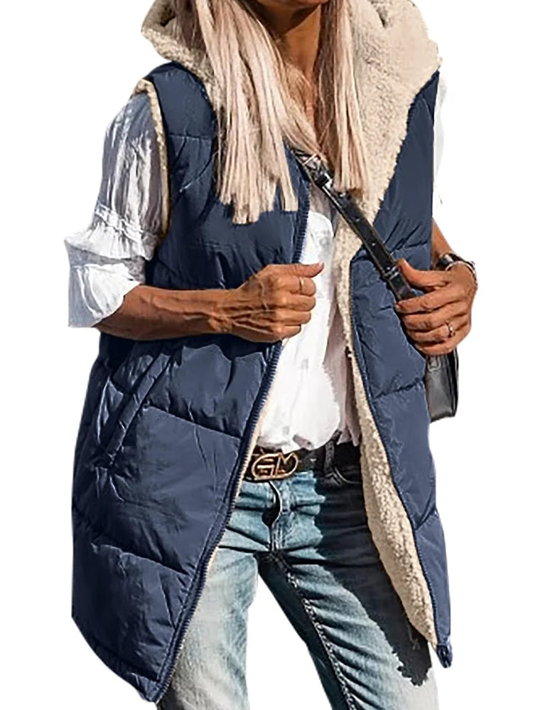 Dam Reversibel Kapuzenväst Fleece med Dubbel Termisk Isolering 11