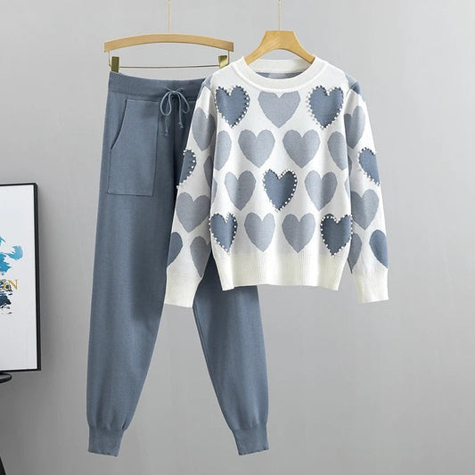 Dam Pyjamas Set Hjärttryck Stickad Design med Ribbade Manschetter 1