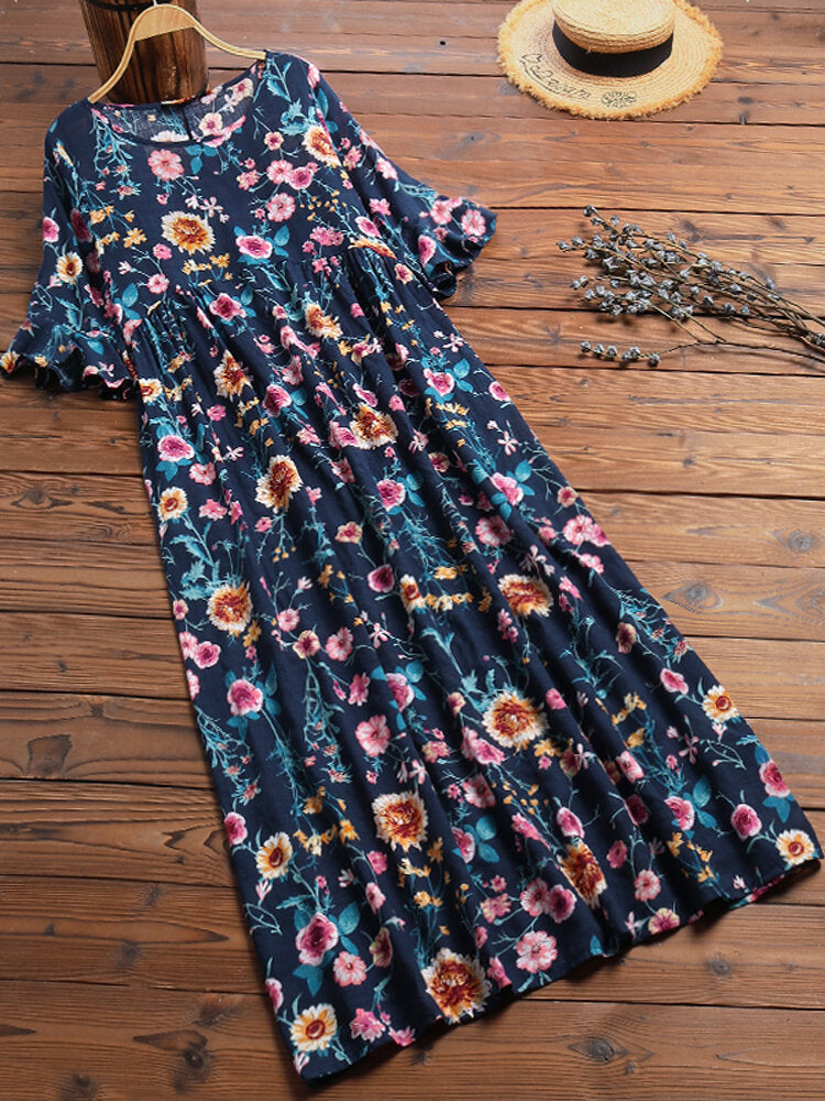 Variant image for Maxiklänning Dam Blommönster Rundad Hals 100% Bomull Viskos Lång Ärmar-17