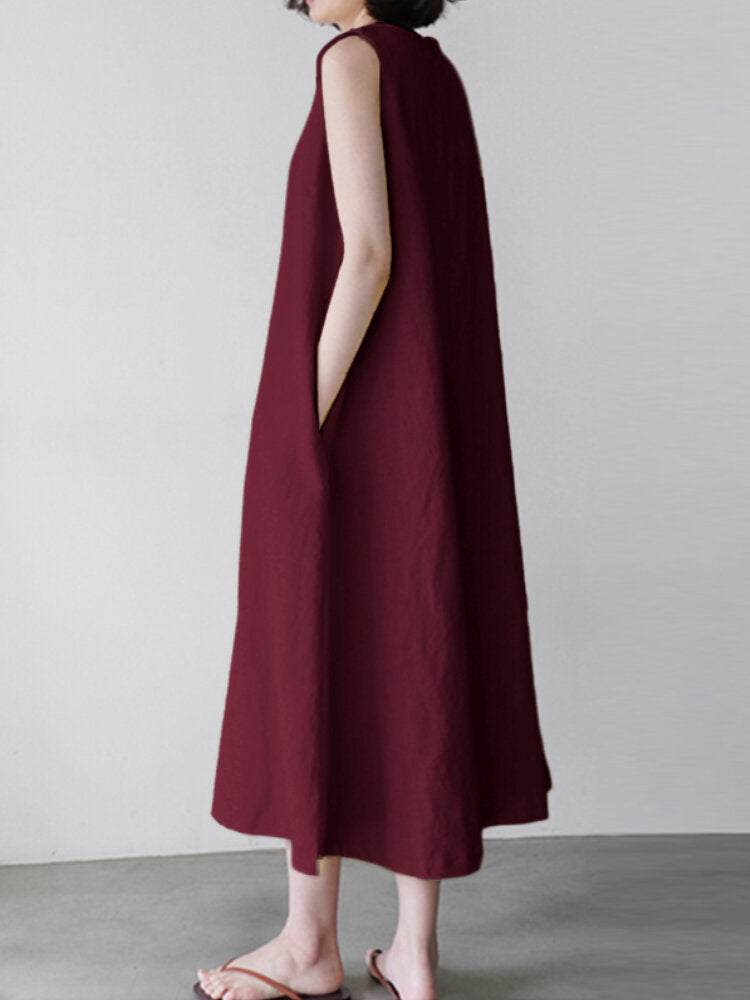 Kvinnors Midi Klänning O-hals Avslappnad Bomull med Fickor-5