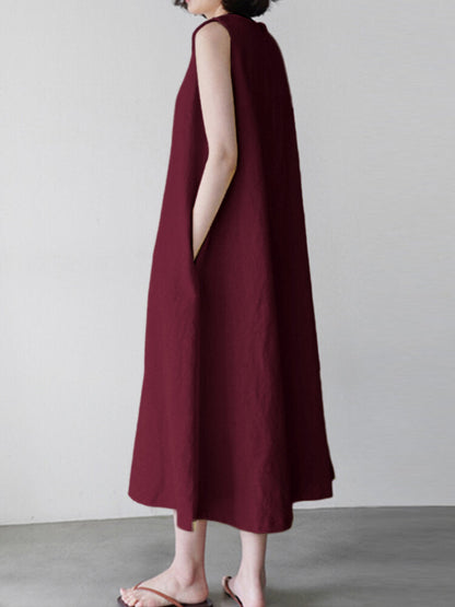 Kvinnors Midi Klänning O-hals Avslappnad Bomull med Fickor-5