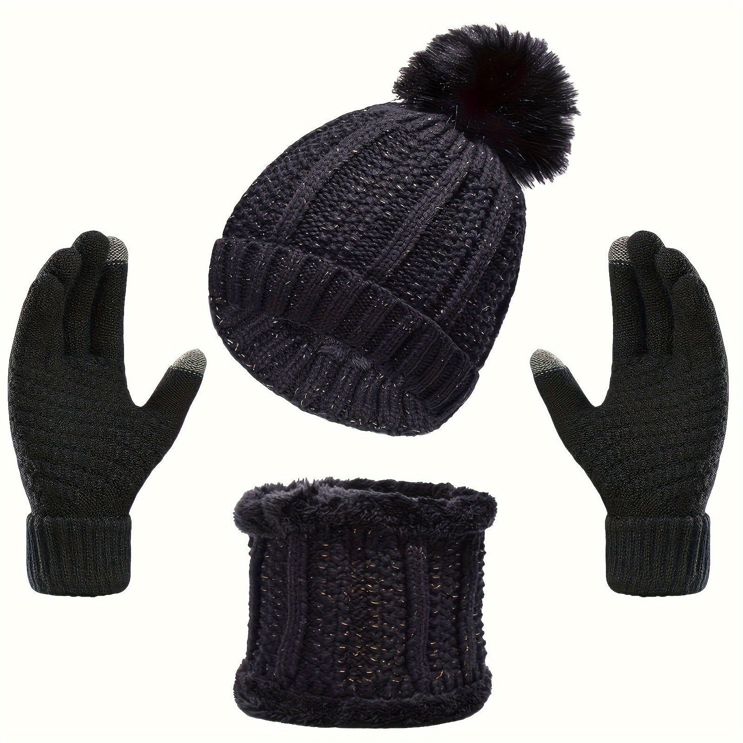 Variant image for Kvinnors Vinteruppsättning Hatt Halsduk Handskar Stickad Kvalitet-7