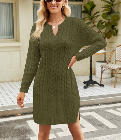 Variant image for Kvinnors Stickad Klänning Kabelstickning med Skåra-16