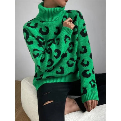 Dam Turtleneck Tröja Leopardmönster Stickad-6