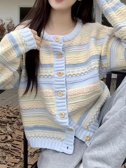 Dam Kofta Randig Stickad med Knappstängning Mjuk och Andningsbar-6