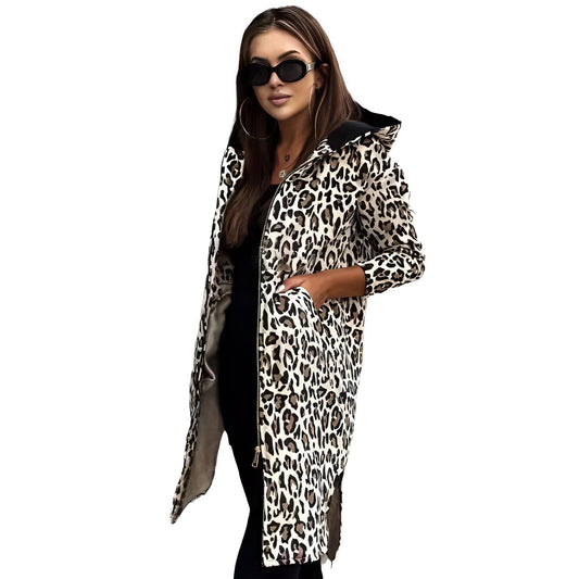 Dam Trenchcoat Lång Leopardmönster Klassisk Design Polyester och Bomull-1