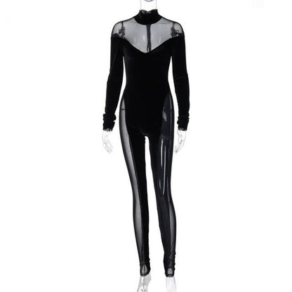 Dam Jumpsuit Långärmad Turtleneck Transparent Mesh Polyester Spandex-6