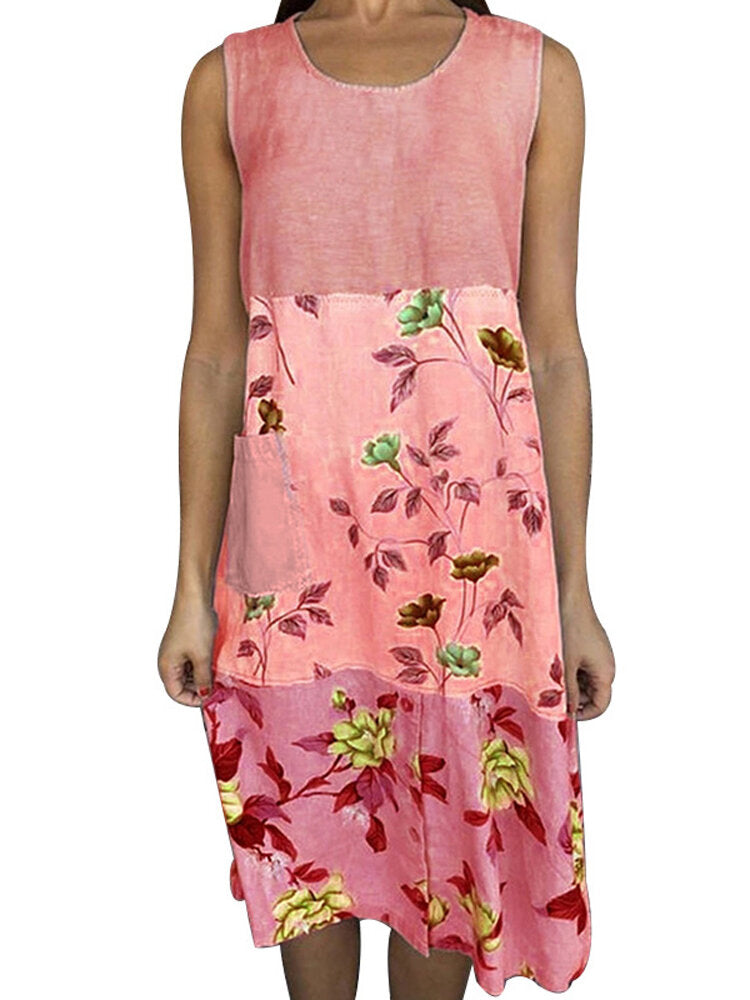 Dam Midi Klänning Blommönster Rund Halsringning Mjuk Bomull-1